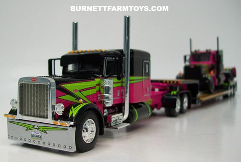 Item #60-2139 Loewen Farms Pink Black Lime Peterbilt 389 63-inch Flattop Sleeper and Peterbilt 359 60-inch Flattop Vintage Sleeper with Tandem Axle Fontaine Renegade Machinery Trailer with Flip Axle - 1/64 Scale – DCP by First Gear
