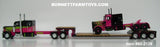 Item #60-2139 Loewen Farms Pink Black Lime Peterbilt 389 63-inch Flattop Sleeper and Peterbilt 359 60-inch Flattop Vintage Sleeper with Tandem Axle Fontaine Renegade Machinery Trailer with Flip Axle - 1/64 Scale – DCP by First Gear
