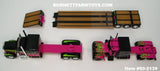 Item #60-2139 Loewen Farms Pink Black Lime Peterbilt 389 63-inch Flattop Sleeper and Peterbilt 359 60-inch Flattop Vintage Sleeper with Tandem Axle Fontaine Renegade Machinery Trailer with Flip Axle - 1/64 Scale – DCP by First Gear
