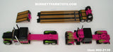 Item #60-2139 Loewen Farms Pink Black Lime Peterbilt 389 63-inch Flattop Sleeper and Peterbilt 359 60-inch Flattop Vintage Sleeper with Tandem Axle Fontaine Renegade Machinery Trailer with Flip Axle - 1/64 Scale – DCP by First Gear