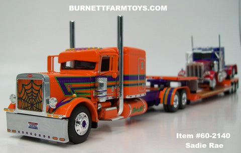 Item #60-2140 Sadie Rae Orange Purple Lime Peterbilt 389 63-inch Flattop Sleeper and Blue Red Gold Peterbilt 359 60-inch Vintage Flattop Sleeper with Tandem Axle Fontaine Renegade Machinery Trailer with Flip Axle - 1/64 Scale – DCP by First Gear