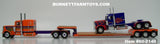 Item #60-2140 Sadie Rae Orange Purple Lime Peterbilt 389 63-inch Flattop Sleeper and Blue Red Gold Peterbilt 359 60-inch Vintage Flattop Sleeper with Tandem Axle Fontaine Renegade Machinery Trailer with Flip Axle - 1/64 Scale – DCP by First Gear