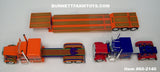 Item #60-2140 Sadie Rae Orange Purple Lime Peterbilt 389 63-inch Flattop Sleeper and Blue Red Gold Peterbilt 359 60-inch Vintage Flattop Sleeper with Tandem Axle Fontaine Renegade Machinery Trailer with Flip Axle - 1/64 Scale – DCP by First Gear