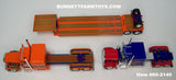 Item #60-2140 Sadie Rae Orange Purple Lime Peterbilt 389 63-inch Flattop Sleeper and Blue Red Gold Peterbilt 359 60-inch Vintage Flattop Sleeper with Tandem Axle Fontaine Renegade Machinery Trailer with Flip Axle - 1/64 Scale – DCP by First Gear