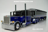 Item #60-2153 Black Blue Silver Peterbilt 389 Pride-N-Class 63-inch Flattop Sleeper with Matching Spread Axle Wilson Pacesetter 50-foot Hopper Bottom Grain Trailer - 1/64 Scale – DCP by First Gear