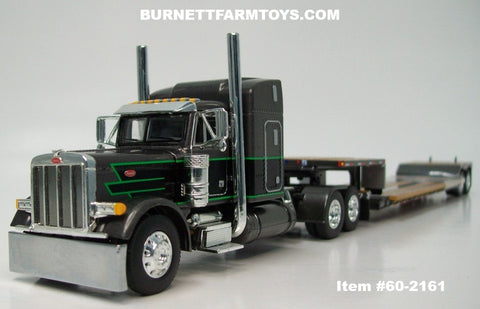 Item #60-2161 Gun Metal Gray Metallic Black Green Outline Peterbilt 379 48-inch Mid Roof Sleeper with Gun Metal Gray Tandem Axle Fontaine Renegade Machinery Trailer - 1/64 Scale – DCP by First Gear
