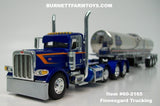 Item #60-2165 Finnesgard Trucking Blue Orange Tri-Axle Peterbilt 389 Day Cab with Polished Tri-Axle Walker Food Grade Sanitary Tanker Trailer - 1/64 Scale – DCP by First Gear