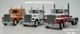 Item #60-2175 Orange White Brown Flattop Sleeper and White Day Cab and White Red Day Cab Ford LTL 9000 Trio Set - 1/64 Scale – DCP by First Gear