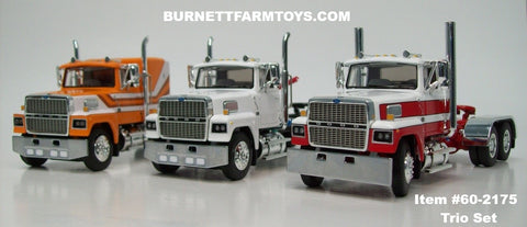 Item #60-2175 Orange White Brown Flattop Sleeper and White Day Cab and White Red Day Cab Ford LTL 9000 Trio Set - 1/64 Scale – DCP by First Gear
