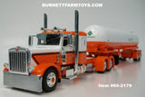 Item #60-2179 Orange White Black Outline Peterbilt 389 36-inch Flattop Sleeper with White Orange Tandem Axle Mississippi LPG Anhydrous Ammonia Tanker Trailer - 1/64 Scale – DCP by First Gear