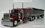 Item #60-2193 Burgundy Black Stripe Gray Stripe Silver Outline Peterbilt 379 48-inch Flattop Sleeper with Black High Sided Black Tarp Silver Frame Tandem Axle Wilson 43-foot Pacesetter Hopper Bottom Grain Trailer - 1/64 Scale – DCP by First Gear