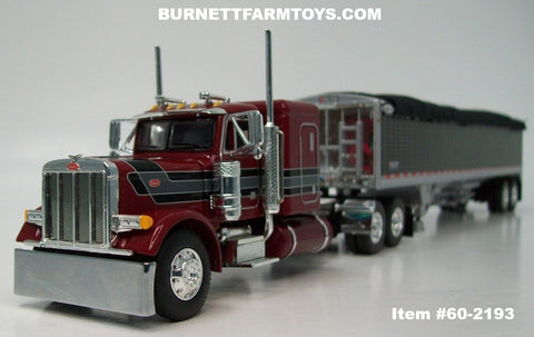 Item #60-2193 Burgundy Black Stripe Gray Stripe Silver Outline Peterbilt 379 48-inch Flattop Sleeper with Black High Sided Black Tarp Silver Frame Tandem Axle Wilson 43-foot Pacesetter Hopper Bottom Grain Trailer - 1/64 Scale – DCP by First Gear