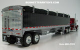 Item #60-2193 Burgundy Black Stripe Gray Stripe Silver Outline Peterbilt 379 48-inch Flattop Sleeper with Black High Sided Black Tarp Silver Frame Tandem Axle Wilson 43-foot Pacesetter Hopper Bottom Grain Trailer - 1/64 Scale – DCP by First Gear