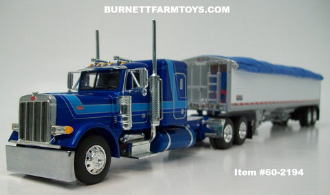 Item #60-2194 Two-Toned Blue Silver Outline Peterbilt 379 48-inch Flattop Sleeper with White High Sided Blue Tarp Silver Frame Tandem Axle Wilson Pacesetter Hopper Bottom Grain Trailer - 1/64 Scale – DCP by First Gear