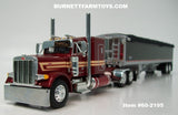Item #60-2195 Candy Apple Red Metallic Tan Peterbilt 379 48-inch Flattop Sleeper with Black High Sided Black Tarp Silver Frame Tandem Axle Wilson Pacesetter Hopper Bottom Grain Trailer - 1/64 Scale – DCP by First Gear