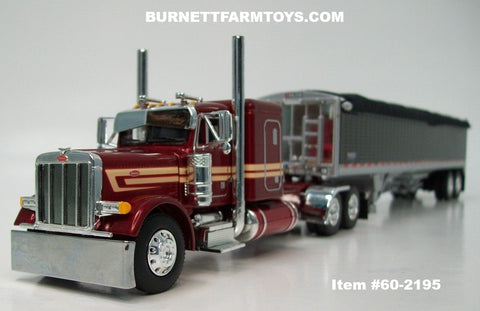 Item #60-2195 Candy Apple Red Metallic Tan Peterbilt 379 48-inch Flattop Sleeper with Black High Sided Black Tarp Silver Frame Tandem Axle Wilson Pacesetter Hopper Bottom Grain Trailer - 1/64 Scale – DCP by First Gear