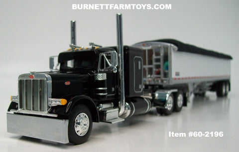 Item #60-2196 Black Peterbilt 379 48-inch Flattop Sleeper with White High Sided Black Tarp Silver Frame Tandem Axle Wilson 43-foot Pacesetter Hopper Bottom Grain Trailer - 1/64 Scale – DCP by First Gear