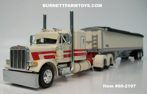 Item #60-2197 Cream Red Peterbilt 379 48-inch Flattop Sleeper with Cream High Sided Black Tarp Silver Frame Tandem Axle Wilson 43-foot Pacesetter Hopper Bottom Grain Trailer - 1/64 Scale – DCP by First Gear