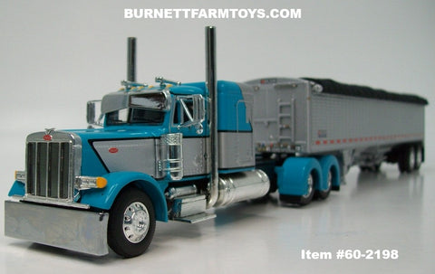 Item #60-2198 Turquoise Silver Black Outline Peterbilt 379 48-inch Flattop Sleeper with Silver High Sided Black Tarp Silver Frame Tandem Axle Wilson 43-foot Pacesetter Hopper Bottom Grain Trailer - 1/64 Scale – DCP by First Gear