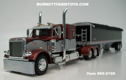Item #60-2199 Burnt Orange Metallic Silver Black Outline Peterbilt 379 48-inch Flattop Sleeper with Black High Sided Black Tarp Silver Frame Tandem Axle Wilson 43-foot Pacesetter Hopper Bottom Grain Trailer - 1/64 Scale – DCP by First Gear