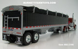 Item #60-2199 Burnt Orange Metallic Silver Black Outline Peterbilt 379 48-inch Flattop Sleeper with Black High Sided Black Tarp Silver Frame Tandem Axle Wilson 43-foot Pacesetter Hopper Bottom Grain Trailer - 1/64 Scale – DCP by First Gear
