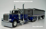 Item #60-2200 Gun Metal Gray Metallic Blue Metallic Peterbilt 379 48-inch Flattop Sleeper with Gun Metal Gray Blue High Sided Black Tarp Silver Frame Tandem Axle Wilson 43-foot Pacesetter Hopper Bottom Grain Trailer - 1/64 Scale – DCP by First Gear