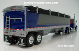 Item #60-2200 Gun Metal Gray Metallic Blue Metallic Peterbilt 379 48-inch Flattop Sleeper with Gun Metal Gray Blue High Sided Black Tarp Silver Frame Tandem Axle Wilson 43-foot Pacesetter Hopper Bottom Grain Trailer - 1/64 Scale – DCP by First Gear