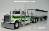 Item #60-2202 White Green Stripe Lime Green Gold Outline Peterbilt 379 48-inch Flattop Sleeper with White High Sided Black Tarp Silver Frame Tandem Axle Wilson 43-foot Pacesetter Hopper Bottom Grain Trailer - 1/64 Scale - DCP by First Gear