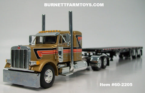 Item #60-2205 Gold Black Orange Red Stripe White Outline Peterbilt 379 36-inch Flattop Sleeper with Black Deck Black Frame Spread Axle Wilson Roadbrute 53-foot Flatbed Trailer - 1/64 Scale – DCP by First Gear