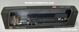 Item #60-2205 Gold Black Orange Red Stripe White Outline Peterbilt 379 36-inch Flattop Sleeper with Black Deck Black Frame Spread Axle Wilson Roadbrute 53-foot Flatbed Trailer - 1/64 Scale – DCP by First Gear