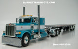 Item #60-2206 White Turquoise Peterbilt 379 36-inch Flattop Sleeper with Silver Deck Black Frame Spread Axle Wilson Roadbrute 53-foot Flatbed Trailer - 1/64 Scale – DCP by First Gear