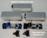 Item #60-2209 Blue and Black Peterbilt 379 Day Cabs with White Silver Trim Single Axle Wabash DuraPlate Van Carrier and Thermo King Refrigerated Pup Trailers with Two Dollies Terminal Set - 1/64 Scale – DCP by First Gear