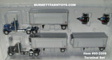 Item #60-2209 Blue and Black Peterbilt 379 Day Cabs with White Silver Trim Single Axle Wabash DuraPlate Van Carrier and Thermo King Refrigerated Pup Trailers with Two Dollies Terminal Set - 1/64 Scale – DCP by First Gear