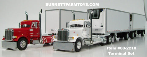 Item #60-2210 Red and White Peterbilt 379 Day Cabs with White Silver Trim Single Axle Wabash DuraPlate Van Carrier and Thermo King Refrigerated Pup Trailers with Two Dollies Terminal Set - 1/64 Scale – DCP by First Gear