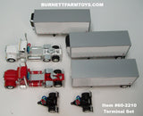 Item #60-2210 Red and White Peterbilt 379 Day Cabs with White Silver Trim Single Axle Wabash DuraPlate Van Carrier and Thermo King Refrigerated Pup Trailers with Two Dollies Terminal Set - 1/64 Scale – DCP by First Gear