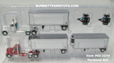 Item #60-2210 Red and White Peterbilt 379 Day Cabs with White Silver Trim Single Axle Wabash DuraPlate Van Carrier and Thermo King Refrigerated Pup Trailers with Two Dollies Terminal Set - 1/64 Scale – DCP by First Gear