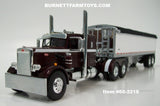 Item #60-2218 Dark Cherry White Peterbilt 351 36-inch Flattop Sleeper with White Sided Black Tarp Silver Frame Wilson Pacesetter 34-foot Hopper Bottom Grain Trailer - 1/64 Scale – DCP by First Gear