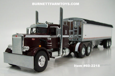 Item #60-2218 Dark Cherry White Peterbilt 351 36-inch Flattop Sleeper with White Sided Black Tarp Silver Frame Wilson Pacesetter 34-foot Hopper Bottom Grain Trailer - 1/64 Scale – DCP by First Gear