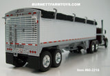 Item #60-2218 Dark Cherry White Peterbilt 351 36-inch Flattop Sleeper with White Sided Black Tarp Silver Frame Wilson Pacesetter 34-foot Hopper Bottom Grain Trailer - 1/64 Scale – DCP by First Gear