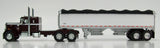 Item #60-2218 Dark Cherry White Peterbilt 351 36-inch Flattop Sleeper with White Sided Black Tarp Silver Frame Wilson Pacesetter 34-foot Hopper Bottom Grain Trailer - 1/64 Scale – DCP by First Gear