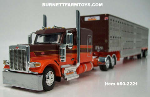 Item #60-2221 Coffey Farms Brown Orange Gold Outline Peterbilt 589 72-inch Flattop Sleeper with Silver Sided Brown Roof Orange Frame Brown End Caps Spread Axle Wilson Silver Star Livestock Trailer - 1/64 Scale – DCP by First Gear