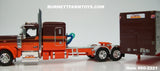 Item #60-2221 Coffey Farms Brown Orange Gold Outline Peterbilt 589 72-inch Flattop Sleeper with Silver Sided Brown Roof Orange Frame Brown End Caps Spread Axle Wilson Silver Star Livestock Trailer - 1/64 Scale – DCP by First Gear