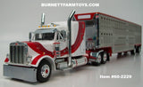 Item #60-2229 White Red Burgundy Swoop Stripe Peterbilt 379 63-inch Mid Roof Sleeper with Silver Red Trim Spread Axle Wilson Silver Star Livestock Trailer - 1/64 Scale – DCP by First Gear