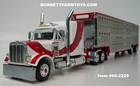 Item #60-2229 White Red Burgundy Swoop Stripe Peterbilt 379 63-inch Mid Roof Sleeper with Silver Red Trim Spread Axle Wilson Silver Star Livestock Trailer - 1/64 Scale – DCP by First Gear
