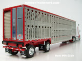 Item #60-2229 White Red Burgundy Swoop Stripe Peterbilt 379 63-inch Mid Roof Sleeper with Silver Red Trim Spread Axle Wilson Silver Star Livestock Trailer - 1/64 Scale – DCP by First Gear
