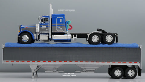 Item #60-2230 Dave Friend Trucking Blue Dark Gray White Peterbilt 379 48-inch Flattop Sleeper with Dark Gray High Sided Blue Tarp Tandem Axle Wilson Pacesetter Hopper Bottom Grain Trailer - 1/64 Scale – DCP by First Gear