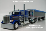 Item #60-2230 Dave Friend Trucking Blue Dark Gray White Peterbilt 379 48-inch Flattop Sleeper with Dark Gray High Sided Blue Tarp Tandem Axle Wilson Pacesetter Hopper Bottom Grain Trailer - 1/64 Scale – DCP by First Gear