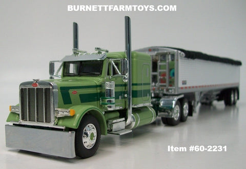 Item #60-2231 Light Green Dark Green Peterbilt 379 48-inch Flattop Sleeper with White High Sided Black Tarp Silver Frame Tandem Axle Wilson Pacesetter Hopper Bottom Grain Trailer - 1/64 Scale – DCP by First Gear