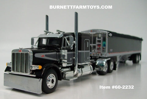 Item #60-2232 Black Dark Gray Silver Outline Peterbilt 379 48-inch Flattop Sleeper with Black High Sided Black Tarp Silver Frame Tandem Axle Wilson Pacesetter Hopper Bottom Grain Trailer - 1/64 Scale – DCP by First Gear