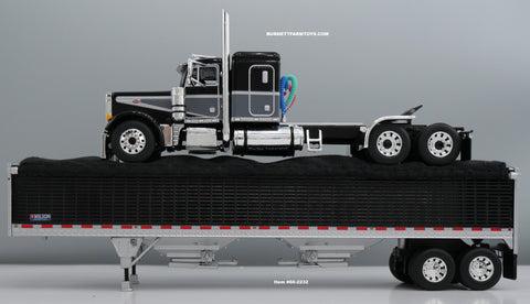Item #60-2232 Black Dark Gray Silver Outline Peterbilt 379 48-inch Flattop Sleeper with Black High Sided Black Tarp Silver Frame Tandem Axle Wilson Pacesetter Hopper Bottom Grain Trailer - 1/64 Scale – DCP by First Gear